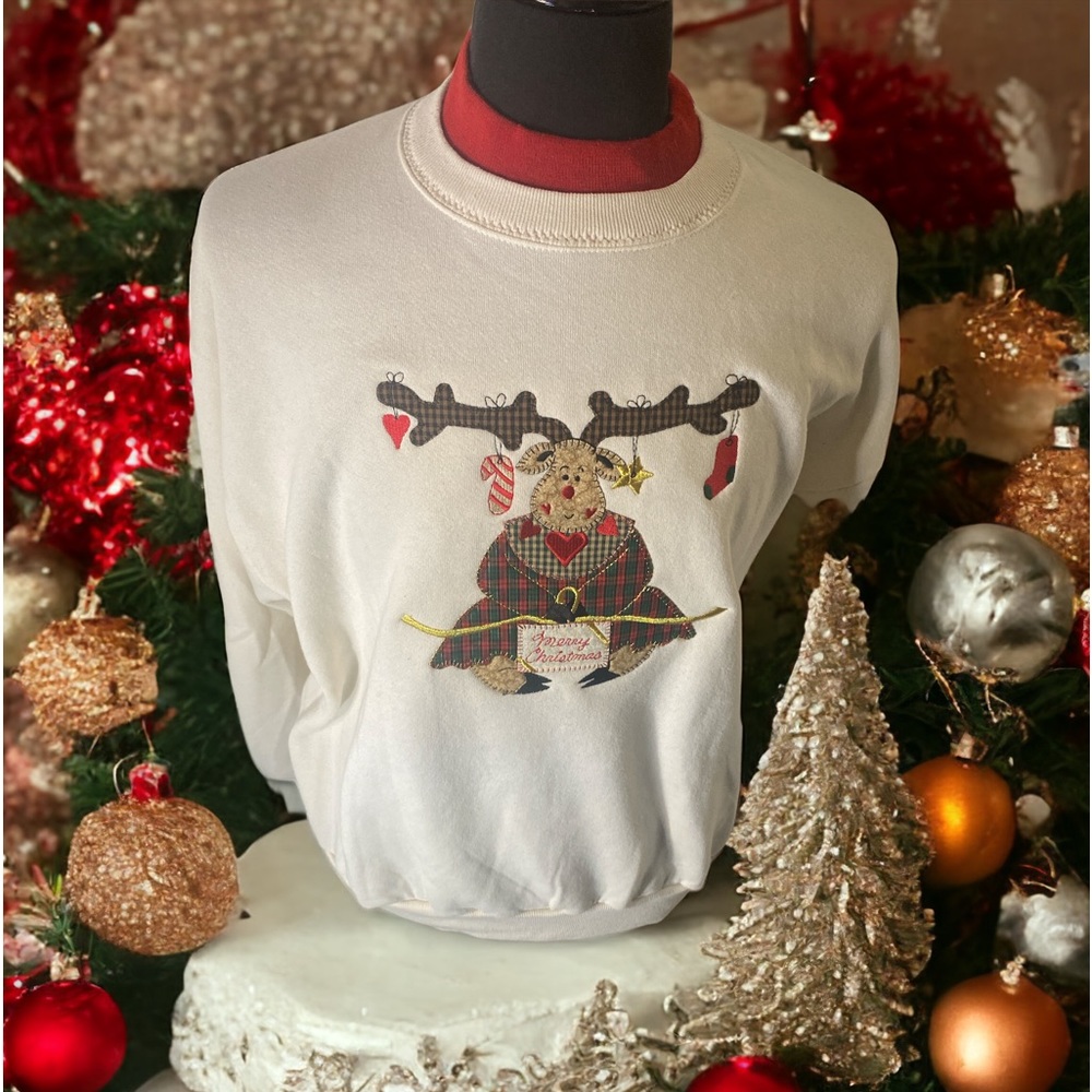 GOPHER Sport Vintage Embroidered Christmas Deer Crew Neck Sweatshirt Cotton SzXL